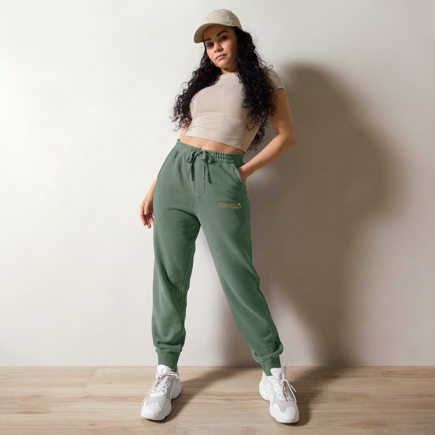 unisex embroidered hollow logo pigment-dyed sweatpants - old gold logo