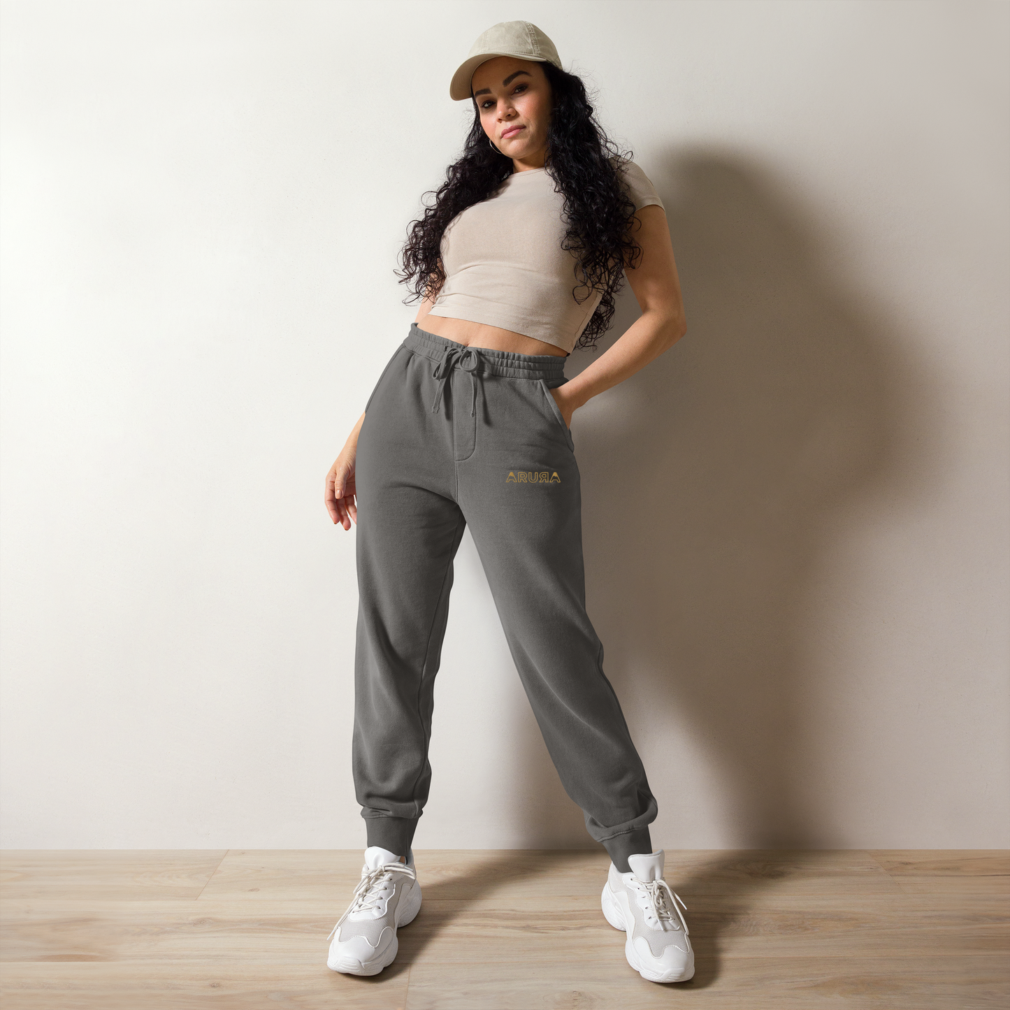 unisex embroidered hollow logo pigment-dyed sweatpants - old gold logo
