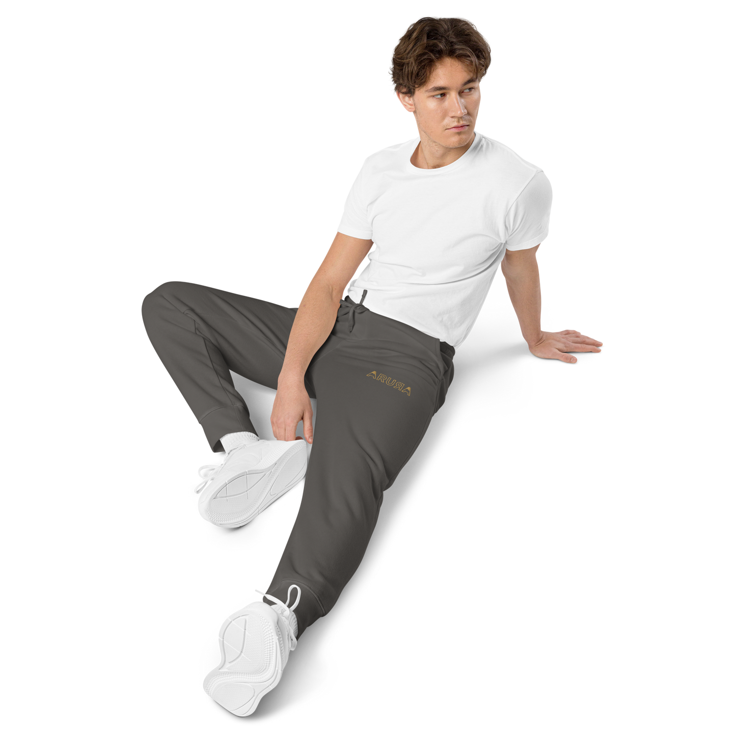 unisex embroidered hollow logo pigment-dyed sweatpants - old gold logo