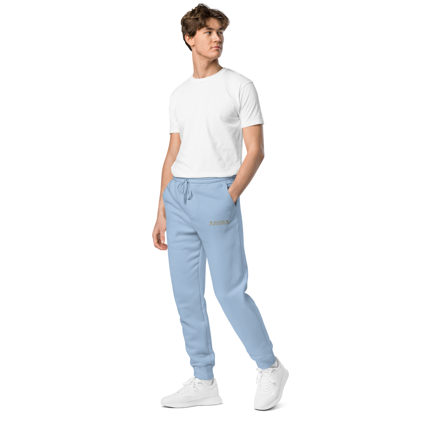 unisex embroidered hollow logo pigment-dyed sweatpants - old gold logo