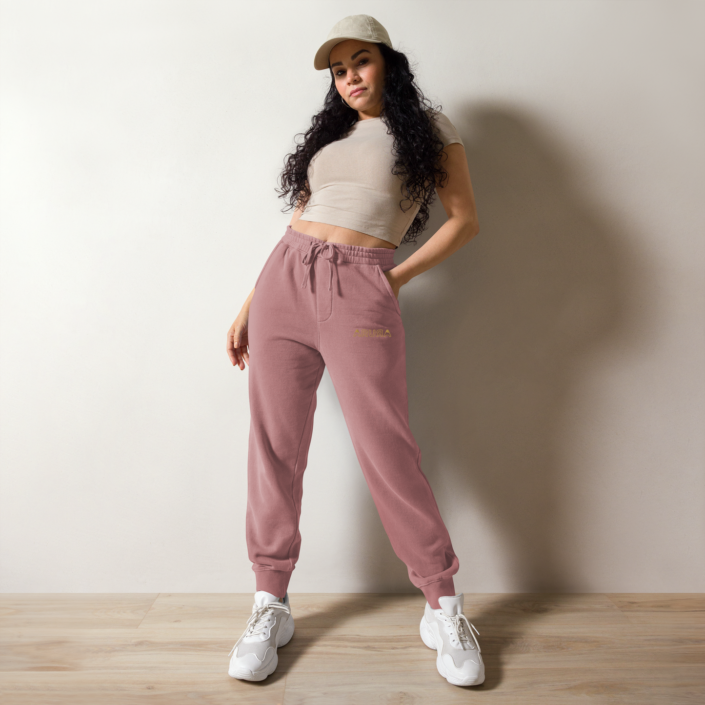 unisex embroidered hollow logo pigment-dyed sweatpants - old gold logo