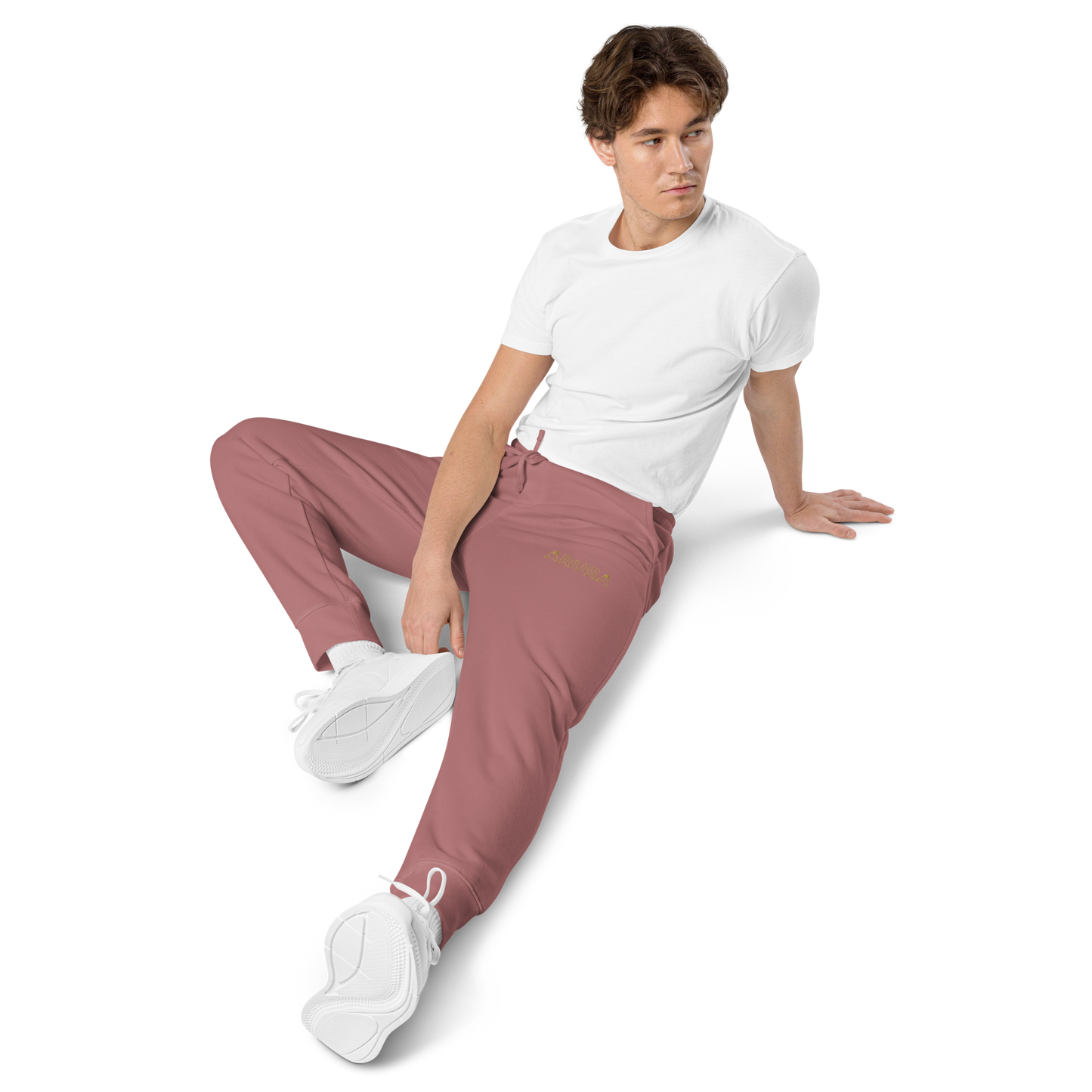 unisex embroidered hollow logo pigment-dyed sweatpants - old gold logo