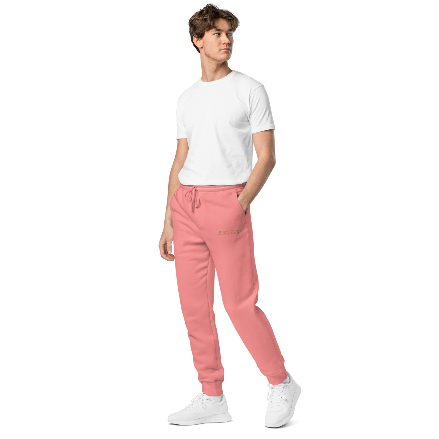 unisex embroidered hollow logo pigment-dyed sweatpants - old gold logo