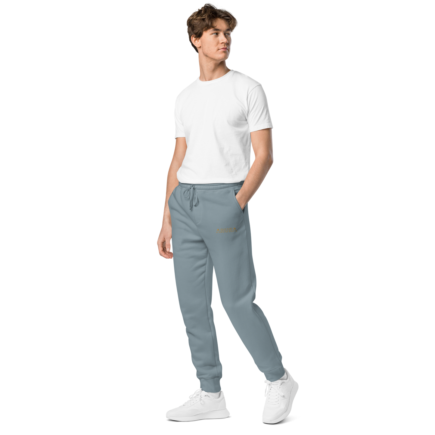 unisex embroidered hollow logo pigment-dyed sweatpants - old gold logo